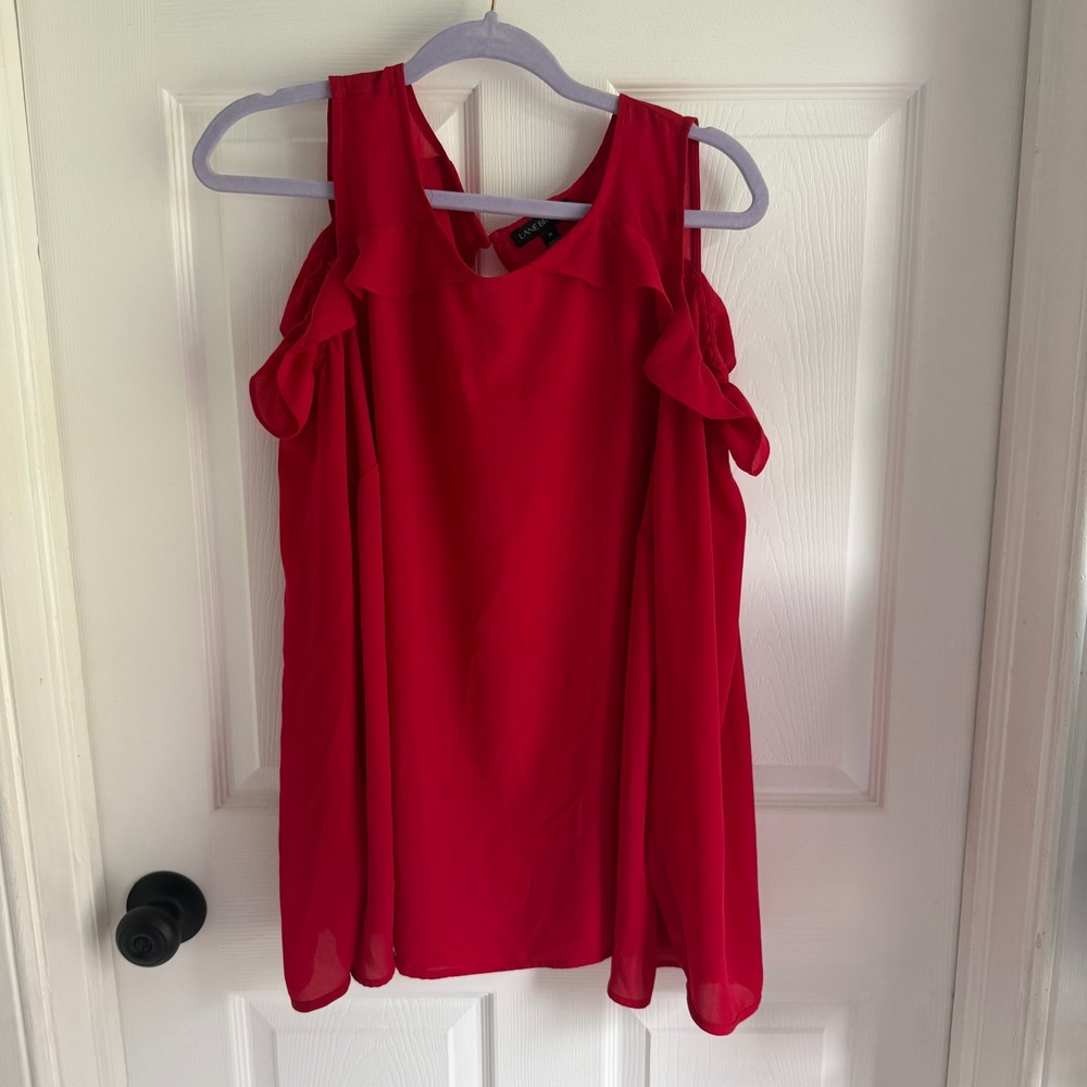 Lane Bryant Red Cold Shoulder Ruffle Blouse Top Keyhole Back Long Sleeve Size 18